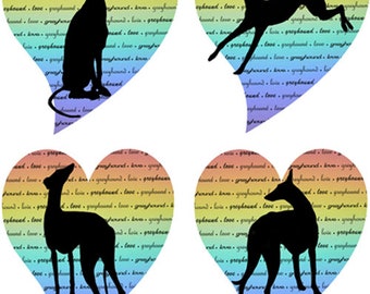 Può includere: Quattro disegni a forma di cuore con sagome nere di levrieri in varie pose. Ogni cuore ha uno sfondo sfumato arcobaleno con le parole "love" e "greyhound" ripetute.