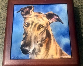 Brindle Greyhound Tile Memory Box, Rosewood