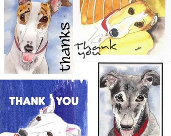 Può includere: Quattro diverse cartoline di ringraziamento con illustrazioni ad acquerello di levrieri. Le cartoline hanno sfondi e testi diversi. La prima cartolina ha uno sfondo blu con il testo "THANK YOU" in bianco. La seconda cartolina ha uno sfondo giallo con il testo "thank you" in nero. La terza cartolina ha uno sfondo bianco con il testo "thanks" in nero. La quarta cartolina ha uno sfondo grigio con il testo "Thank You So Much" in nero.