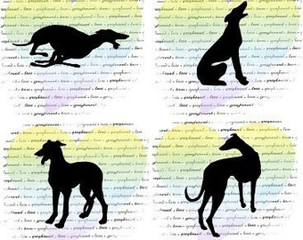 Può includere: Quattro immagini in silhouette nera di un levriero in diverse pose. Il cane è in piedi, seduto e sdraiato. Lo sfondo è grigio chiaro con un motivo di cerchi sovrapposti in tonalità di rosa, blu, giallo e verde.