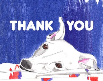 Può includere: Un cane bianco e grigio con le orecchie rosa è sdraiato su una coperta colorata. Il cane sta guardando lo spettatore. Il testo "THANK YOU" è scritto in lettere bianche su uno sfondo blu.