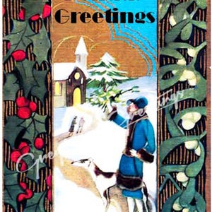 Cartões de felicitações de Natal vintage com arte alterada, galgo e dama - conjunto com 4 envelopes