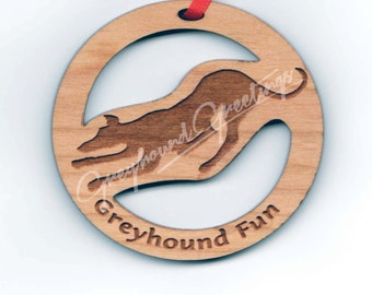 Wood Cutout Greyhound Dog Ornament "Greyhound Fun" Whippet Galgo IG