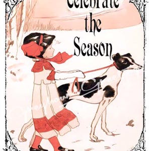 Vintage Altered Art, lévrier et fille, cartes de Noël - Lot de 4 enveloppes