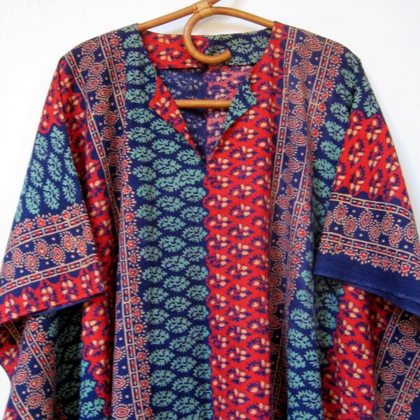 Vintage Kaftan - Caftan, Robe, Dress, Lounge wear, 1970's, Block print, Tribal pattern, Blue Red Beige, Cotton, Made in India, Boho, Hippie