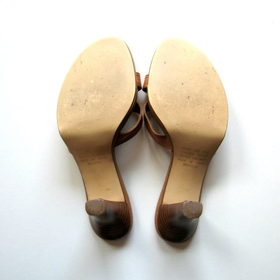 Vintage Sandals Apostrophe Melrose Slip on sandals, Brown leather, Straps, Gold buckle, Wooden heels, Made in China, Size 6.5M Vintage Sandals Apostrophe Melrose Slip on sandals, Brown leather, Straps, Gold buckle, Wooden heels, Made in China, Size 6.5M