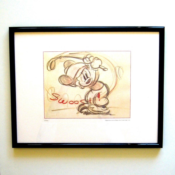 Vintage Wall Art - Mickey Mouse Canine Caddy Print - Swoosh! - Golf theme, 1941 Disney Short, Framed, Ready to hang, Guy gift, Disneyana