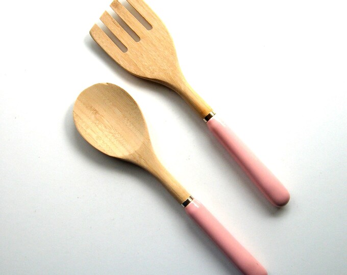 Vintage Salad Servers Set of 2 Wooden Salad Servers Pink Etsy
