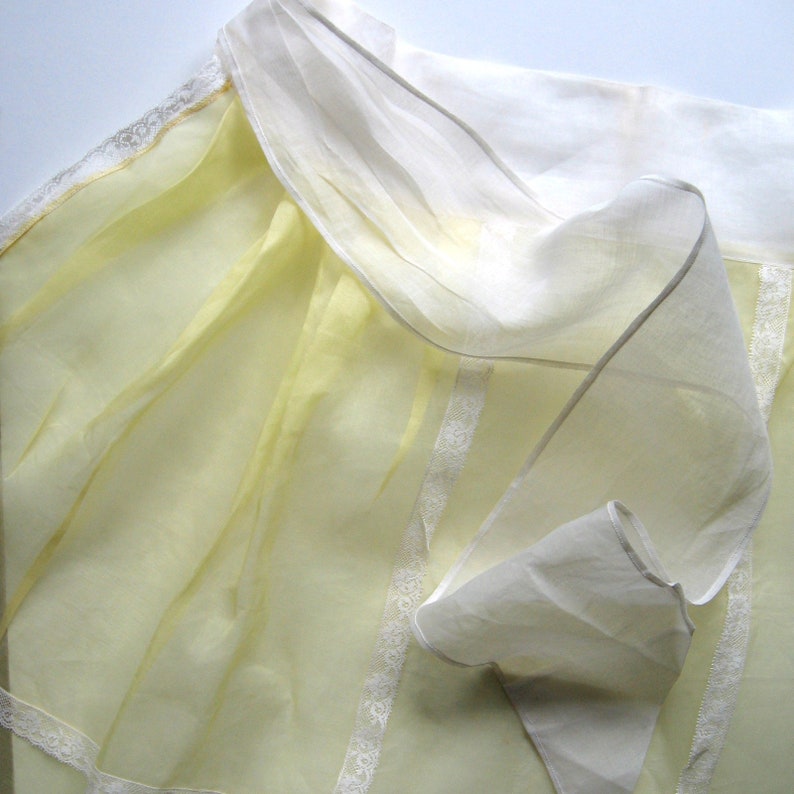Half Apron Retro apron Butter yellow Cottage chic White lace trim Vintage Apron Mid century apron Semi sheer OrganzaNylon Apron