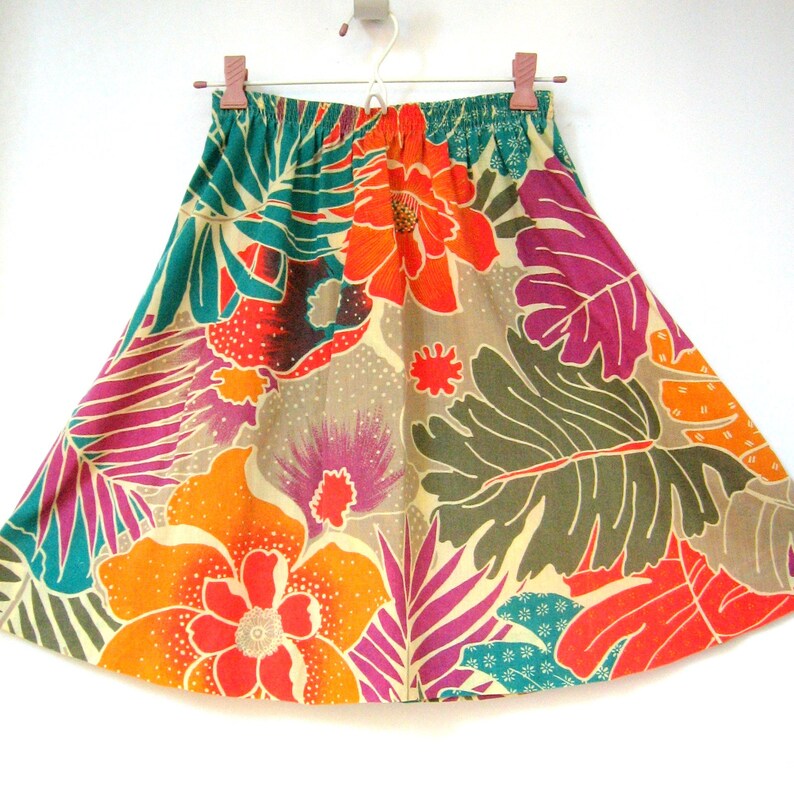 Short skirt Tropical Skirt Palm fronds Gathered skirt Vintage Skirt Tropical flowers Floral skirt Flowers Elastic waistband