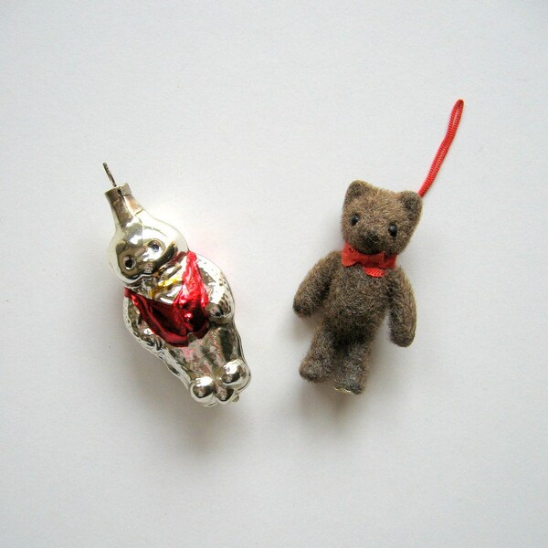 Vintage Christmas Ornaments - Set of 2 - Teddy Bears - One silver glass bear, One brown flocked bear, Christmas decorations, Holiday décor