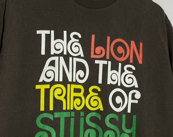 Vintage 00s Stussy Lion Tribe Rasta Graphic Print Y2k Short Sleeve