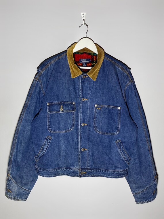 Vintage 90s Polo Ralph Lauren Denim Jacket Plaid Lining Made in