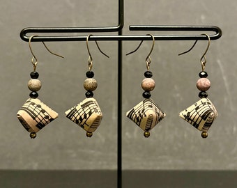 Origami Hexahedron Earrings, Sheet Music Paper, Jasper and Glass Beads