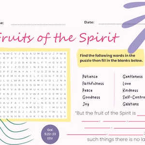 Fruits of the Spirit Activity Worksheet and Answer Key