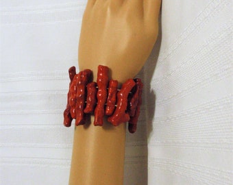 Bamboo Coral Stretch Bracelet/Vintage Red Coral Bracelet/ Chunky Stretch Coral Cuff Bracelet/ Gift for Her