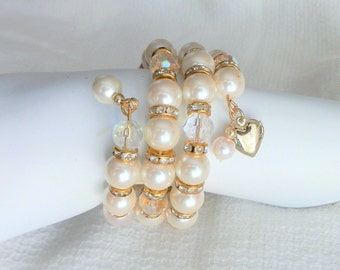 Vintage Pearls . Rhinestone spacers. Ivory glass pearls.Stunning Memory Wire Wrap Bracelet. Bridal Birthday. gift for women