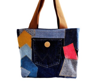 Denim Patchwork Tote Bag/Handmade Tote Bag/Travel Tote Bag/One Of A Kind HandmadeTote/Bags and Purses/Zipper top Bag/Denim Bags/Gift for Her