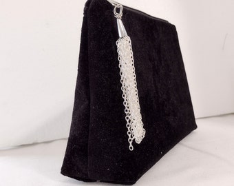Black Velvet Zipper Pouch /Handmade Purse /Gifts /Handmade Gifts /Silver Chain Tassel /Gifts for Her/Cosmetic pouch /Evening Purse