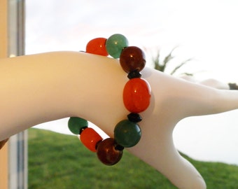 Bead  stretch bracelet , 12 mm  and 14mm , orange brown and moss green colors, lightweight easy wear, Custom Handmade Gifts