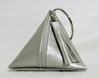Pyramid Triangle purse/ Silver Evening purse / removable Key Tassel/Zipper purse /Textured Vegan leather/ 8 X8 X8 inch/Handmade gift for her