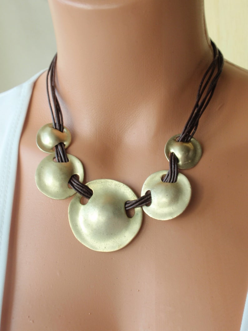 Estate jewelry Gift for her Vintage Necklace.Bib necklace.Brass discs strung with 5 strands of Leather .Unique Statement necklace.17 inch