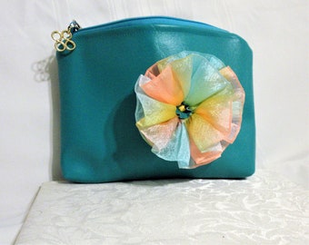 Turquoise Zipper Purse w Flower/Handmade Vegan Clutch Purse /Gift for Her