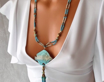 Turquoise necklace,  26 " Long  necklace, Bead tassel 4 "  , Turquoise stone, wood , brass spacers.Statement Estate jewelry . Gift for her