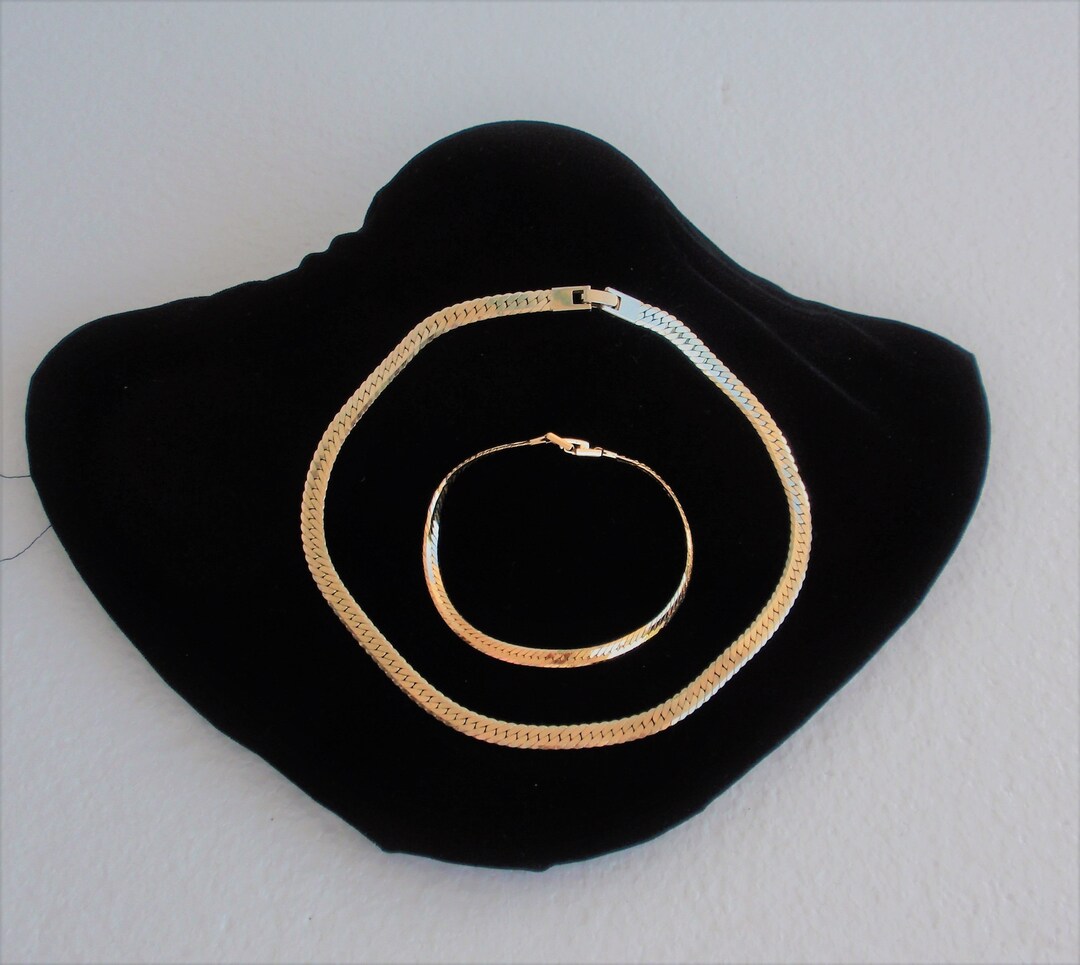 Classic Herringbone Necklace, Bracelet Set,/ High Quality Shiny Gold