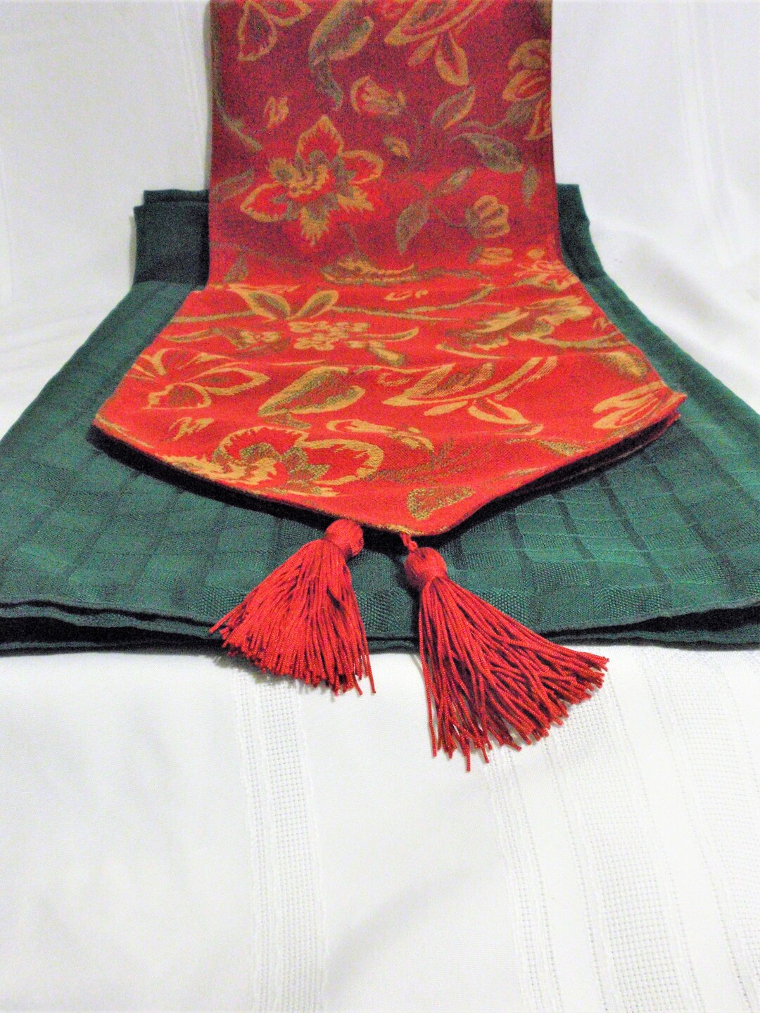 Vintage Long Tablecloth and Runner / Festive Holliday Colors Tablecloth