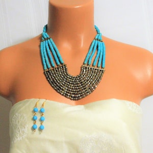 Necklace Set /Bracelet, Earrings/Estate Jewelry/Multi strand necklace/Turquoise necklace/ Vintage necklace /Statement necklace /Gift fot her