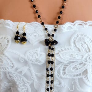 Vintage & Handmade necklace set/Black glass crystal necklace/Tassel necklace/Gifts/ Gift for her/Handmade tassel necklace/Vintage earrings