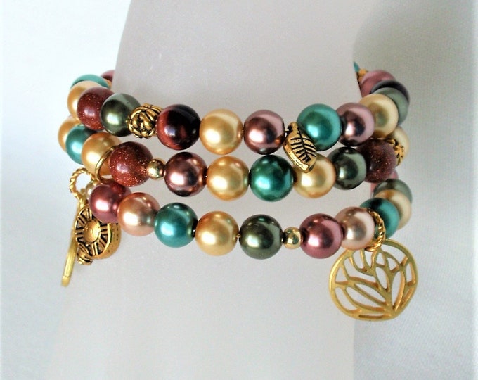 Memory Wire Wrap Bracelet. Glass Pearl Beads,gold Tone Metal Pendants ...