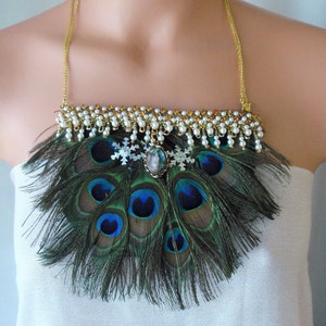 Peacock Feathers necklace/Natural Peacock feathers/Bib necklace & earrings set/Adjustable /alleged good Luck feathers/Handmade  Gift for her