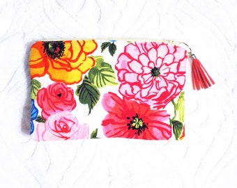 Floral canvas zipper purse/9" W X 6 " H/Cosmetic storage pouch/wipe clean  lining/Key ring, Tassel zipper pull/handmade  gift for her