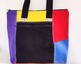 Multicolor Tote Bag/ Color Block. Patchwork Design, Multi Pocket Tote Bag/Bags and Purses /Gifts/Handmade gifts Gift for Her/CLOSEOUT PRICE