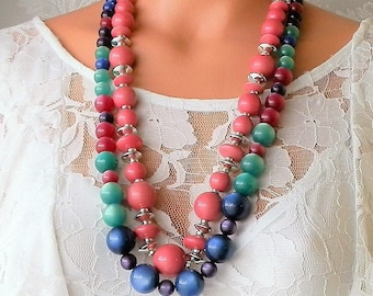 Vintage Festive big Bead necklaces, you get both 30" Pink  & 32 " /multicolor  stunning blend enhances any outfit. Gift for her/SALE PRICED