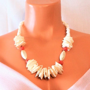 Vintage chunky Mother of Pearl, Shell &Coral necklace. 26 &quot;/ shell necklace/carved coral spacers/  statement necklace/ jewelry/gift for her
