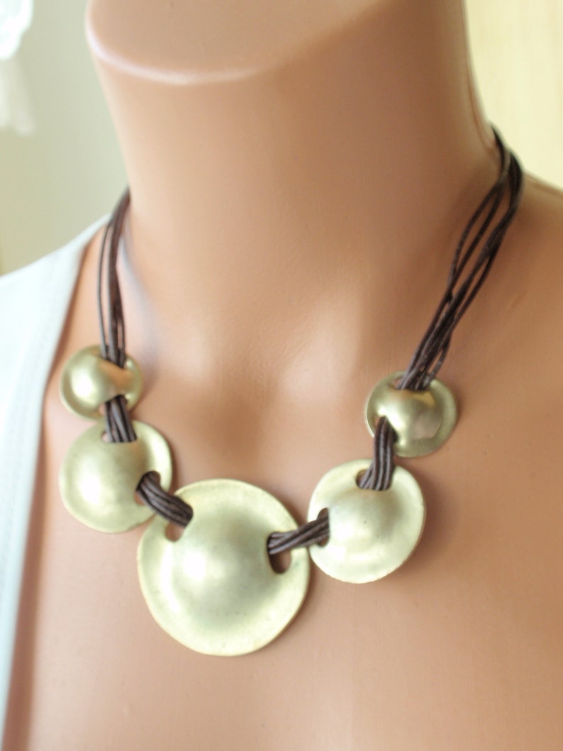 Estate jewelry Gift for her Vintage Necklace.Bib necklace.Brass discs strung with 5 strands of Leather .Unique Statement necklace.17 inch