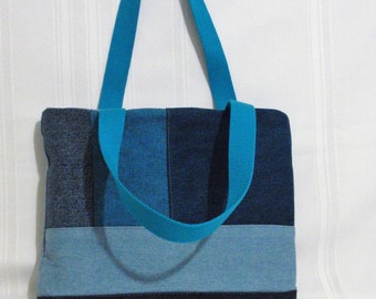 Denim Tote Bag / Denim Color Block Tote bag/Handmade Tote Bag / Travel, Work Bag /Zipper top Tote Bag /Handmade Gift/ Gift for Her/ Gifts