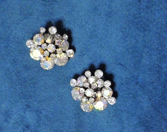 Vintage Austrian Crystal earrings/Dazzling Aurora Borealis Clip on earrings/ Estate jewelry/Bridal jewelry/Wedding earrings /gift for her