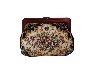 Monedero vintage de brocado con cierre de beso y tapiz floral, caja de regalo