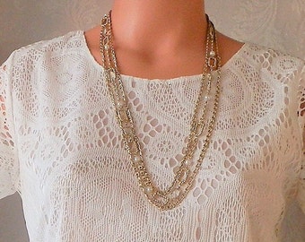 Vintage layered 3 strand necklace. Pearls gold chains Gift for her