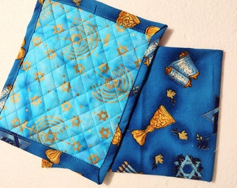 Handmade Hanukkah Table decoration/Cotton Menorah design fabric/Handmade gifts /Quilted Drink Coasters