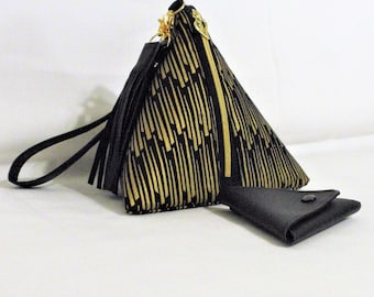 Triangle /Pyramid Wristlet purse/ 5" Triangle coin purse/Leather Tassel /8 1/2 "X 8 .5/store cell phone ,Makeup/Statement Gift for her