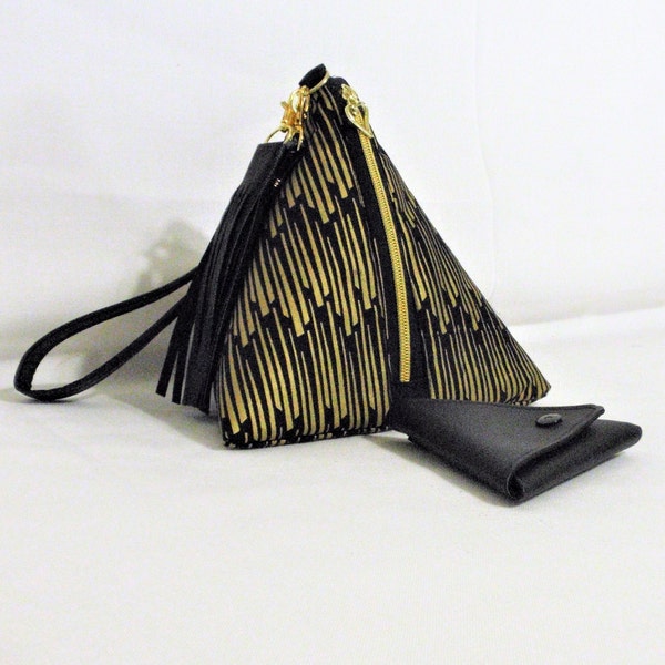 Triangle /Pyramid Wristlet purse/ 5" Triangle coin purse/Leather Tassel /8 1/2 "X 8 .5/store cell phone ,Makeup/Statement Gift for her