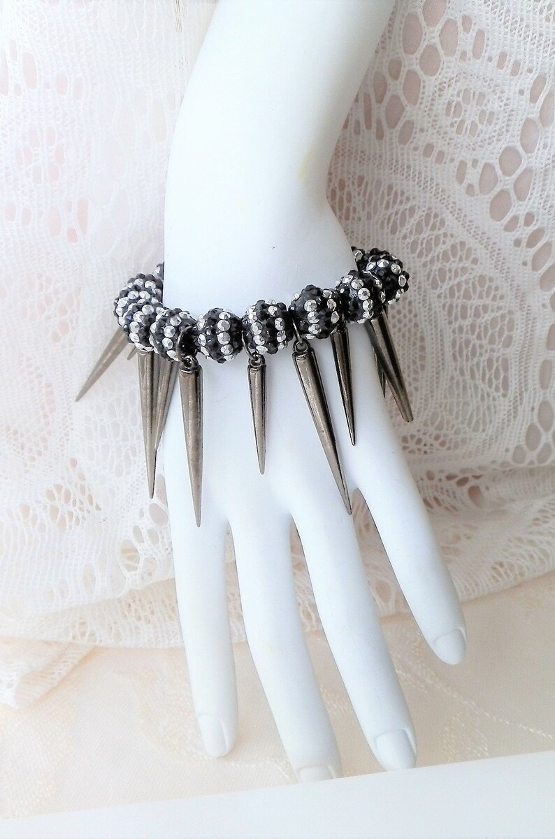Spiked Stretch bracelet Black & Silver design round Zebra Etsy