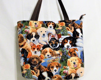 Super Cute Puppies Zipper Tote bag /Dog Theme gift/Handmade gifts /Dog Lover's gift /handmade tote bag /Unisex gift for all ages