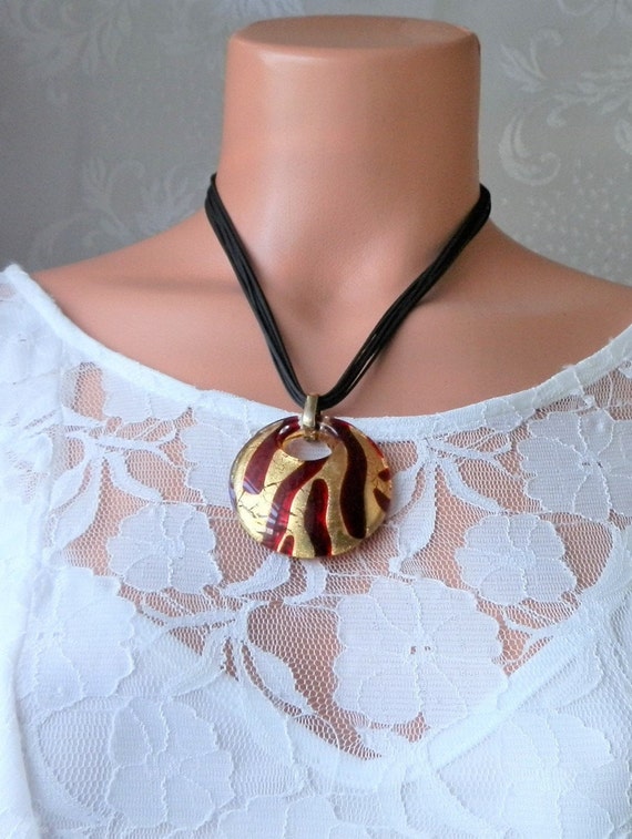 Fused Glass Pendant necklace , Chunky metallic Gol