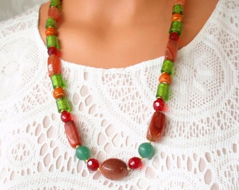 Gemstone Necklace/Agate & Aventurine necklace/Beaded necklace /Multicolor necklace /Bright colors necklace/ Handmade necklace /Gift for her